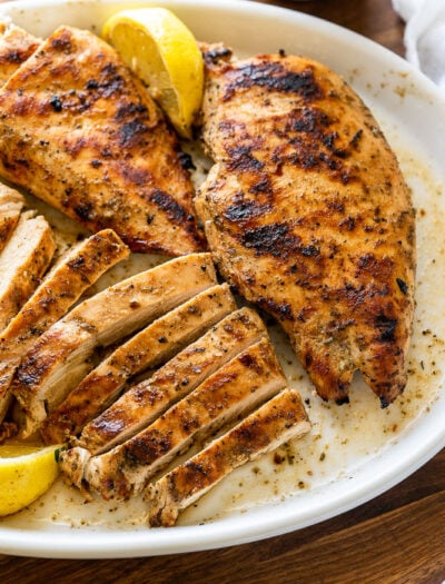 Juicy grilled chicken breast strips on a plate