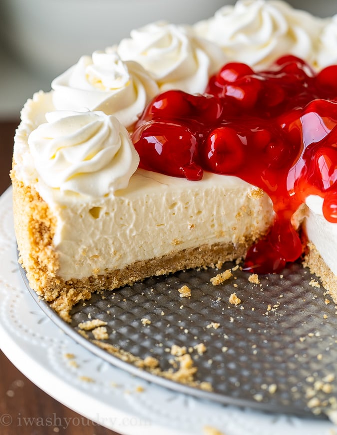 No bake cheesecake in pan with cherry topping