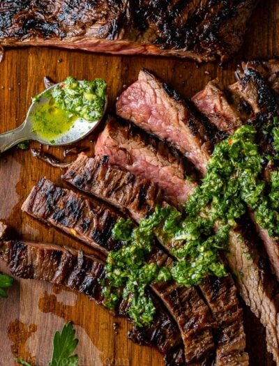 Skirt Steak with green chimichurri sauce on top