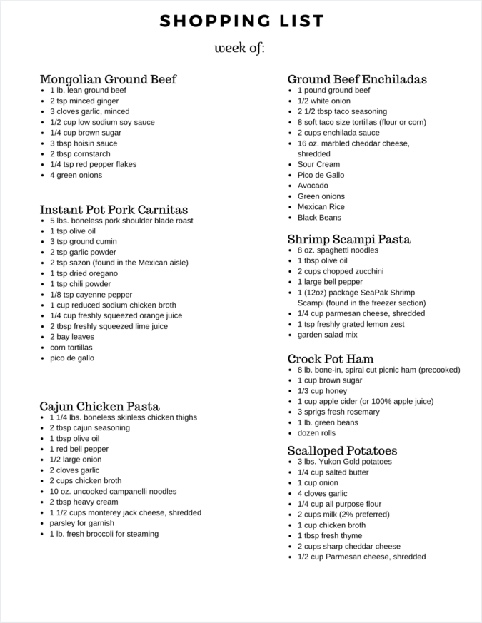 written shopping list for creating meal plan