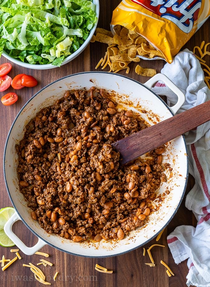 Taco salad ground beef with beans in a skillet