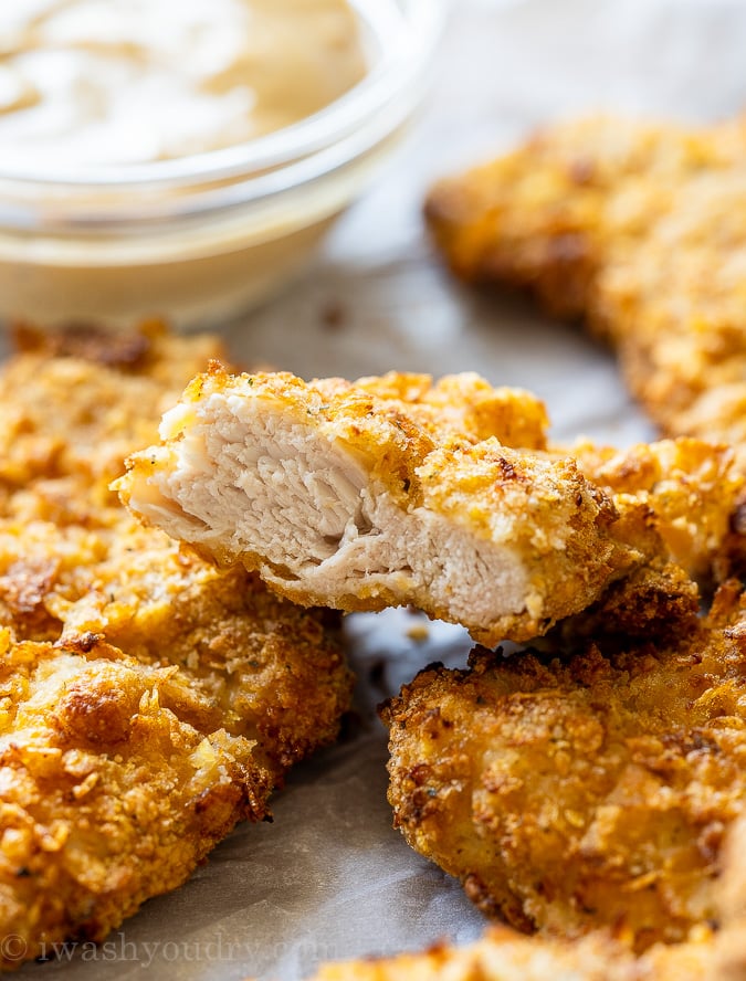 Juicy Fried Chicken Tenders with a crunchy breading made in the air fryer.