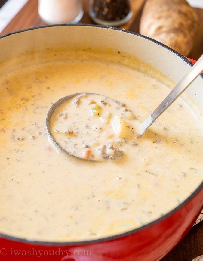 Creamy Cheeseburger Soup in pot.