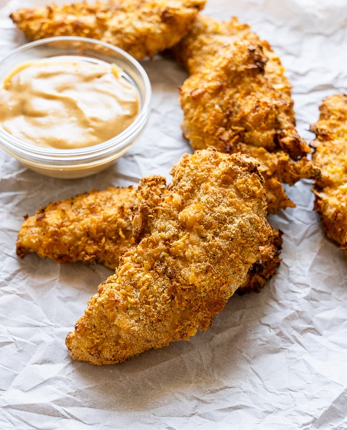 Air Fried Crispy Chicken Tenders with crunchy coating on outside.