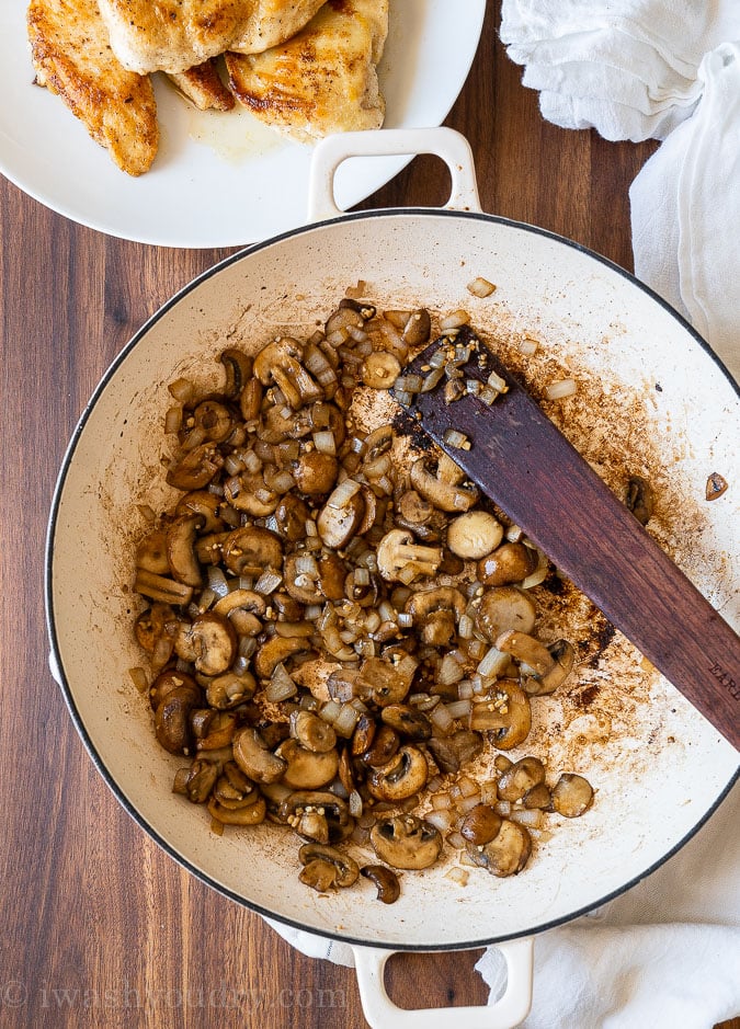Caramelized mushrooms and onions add great flavor to the Chicken Marsala Sauce.