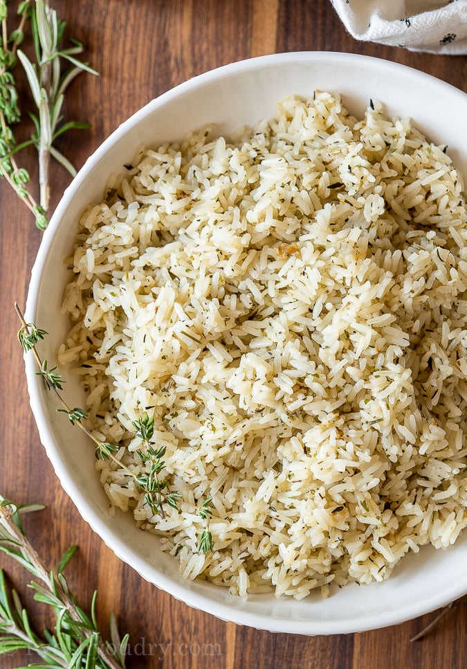 Garlic Herb Rice Pilaf with fresh thyme and rosemary
