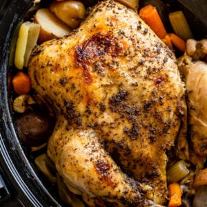 Crockpot Whole Chicken Recipe with vegetables and potatoes!