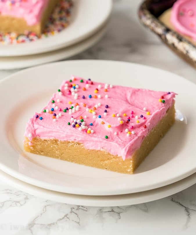 Sugar Cookie Recipe in bar form with icing and sprinkles
