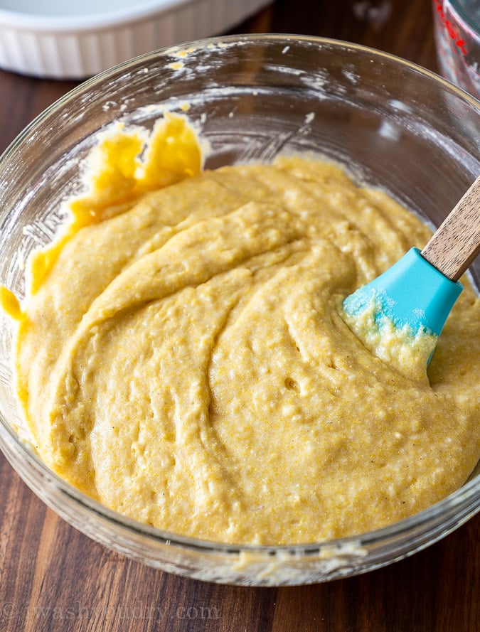 Cornbread batter in a mixing bowl