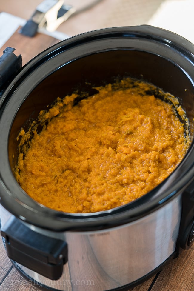 mashed sweet potatoes in slow cooker.