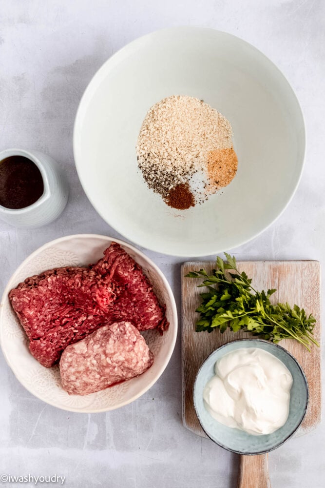 ingredients for meatballs on work surface