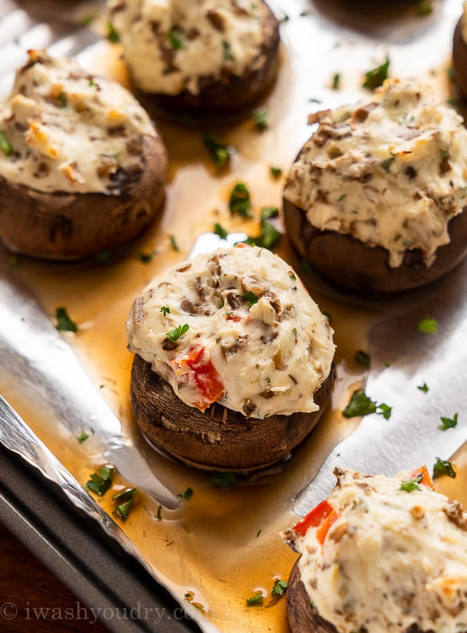 juicy stuffed mushrooms on tray