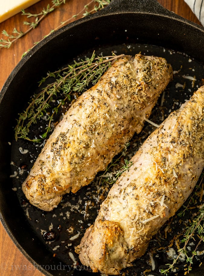 seared pork tenderloin in cast iron skillet