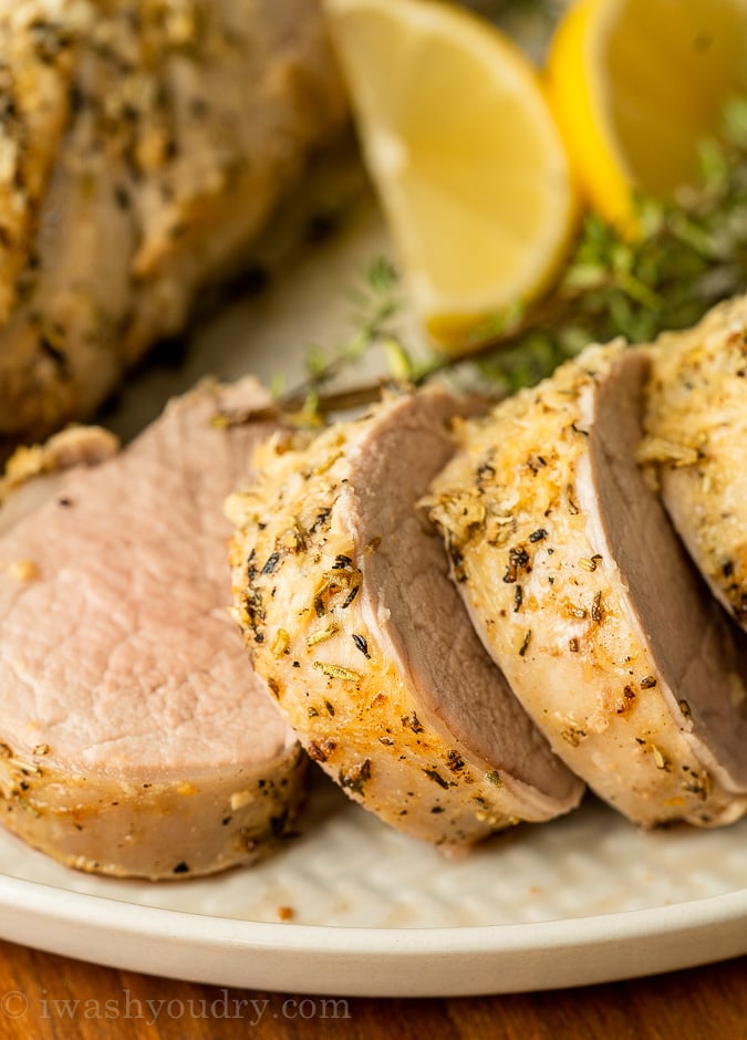 parmesan herb crusted pork on plate