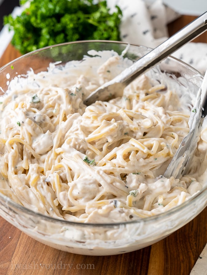 Bowl filled with creamy pasta and mushrooms