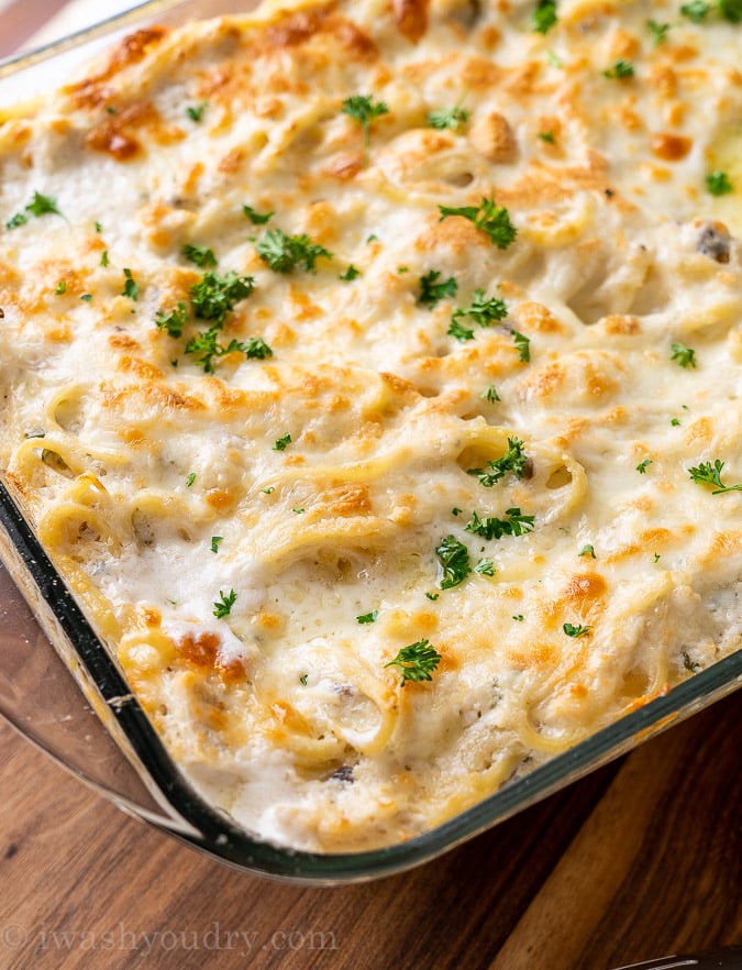 bubbly chicken tetrazzini in casserole dish