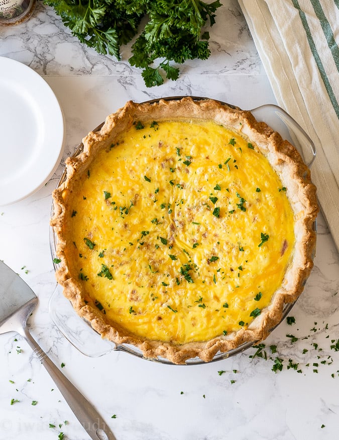 baked quiche with ham and cheese.