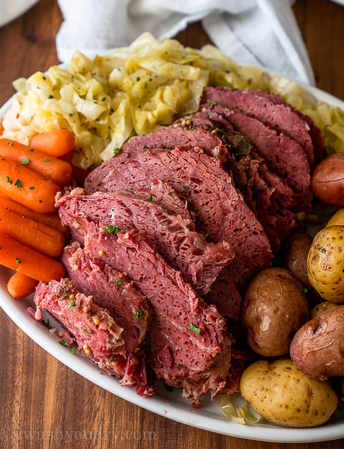 platter of corned beef and cabbage
