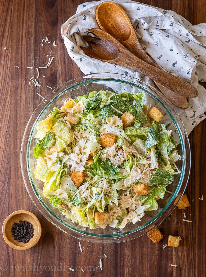 Caesar pasta salad in large bowl 