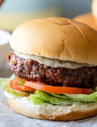 juicy burger with melted cheese on a hamburger bun