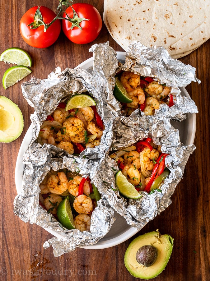 Shrimp Fajitas made in foil packets with peppers and onions