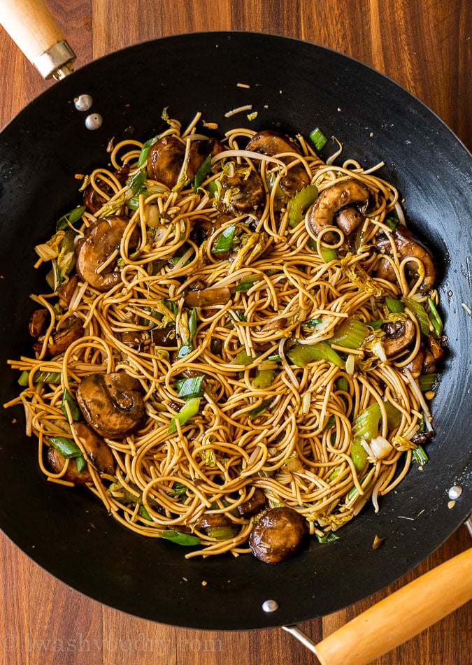 wok full of noodles and veggies