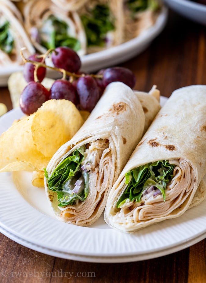 chicken wraps on plate with chips and grapes