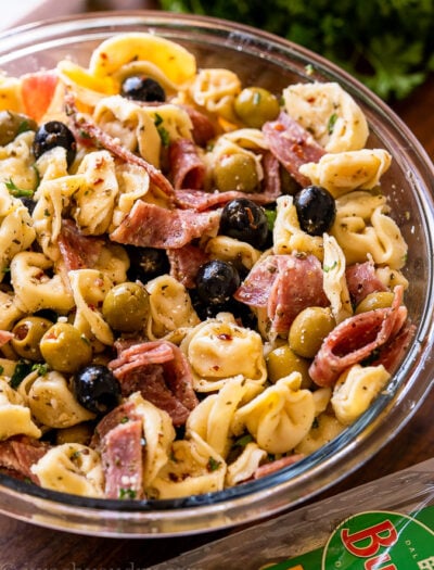 Olive Tortellini Pasta Salad recipe in bowl