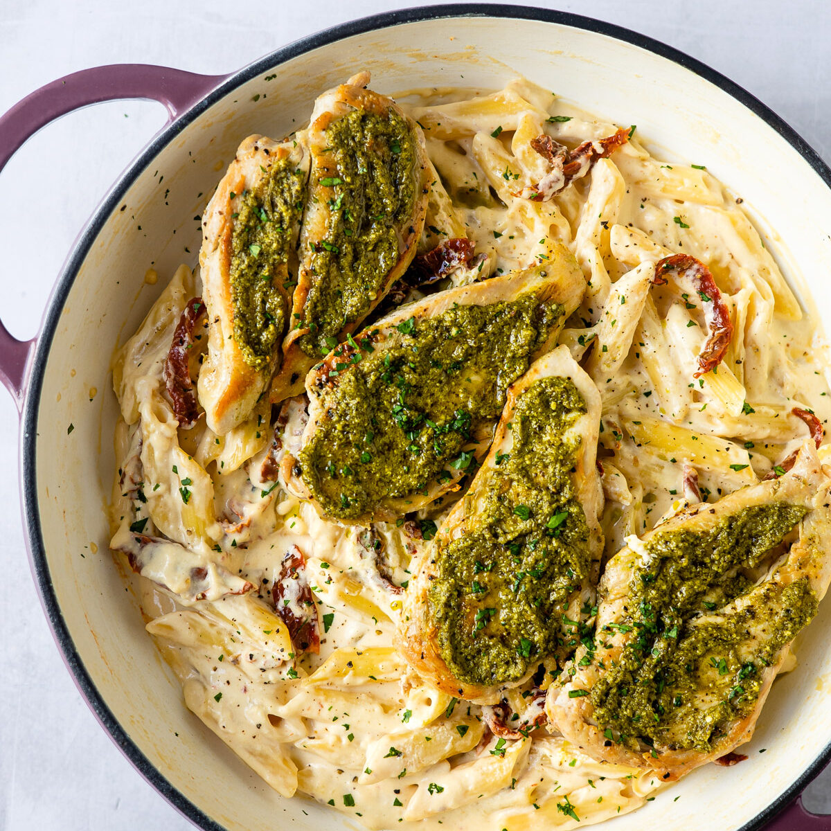 Basil Pesto Chicken with Alfredo Penne and Sun Dried Tomatoes