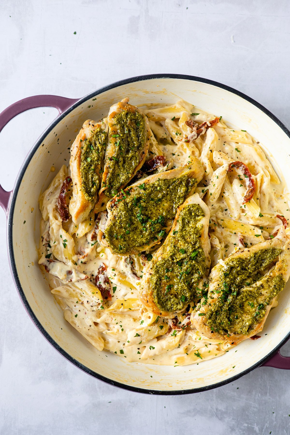 Basil Pesto Chicken with Alfredo Penne and Sun Dried Tomatoes