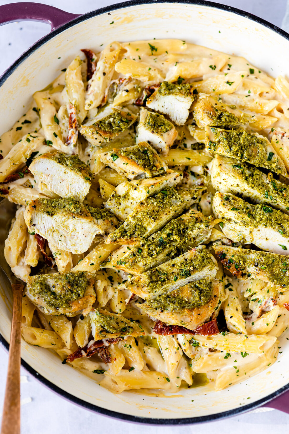 Basil Pesto Chicken with Alfredo Penne and Sun Dried Tomatoes