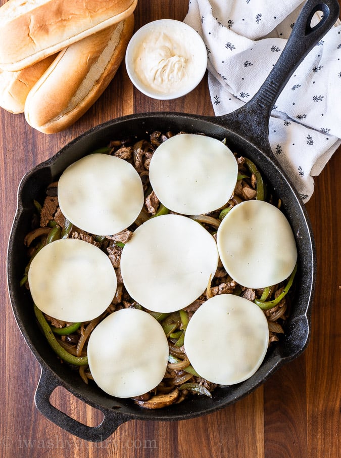 provolone cheese on philly cheesesteak skillet