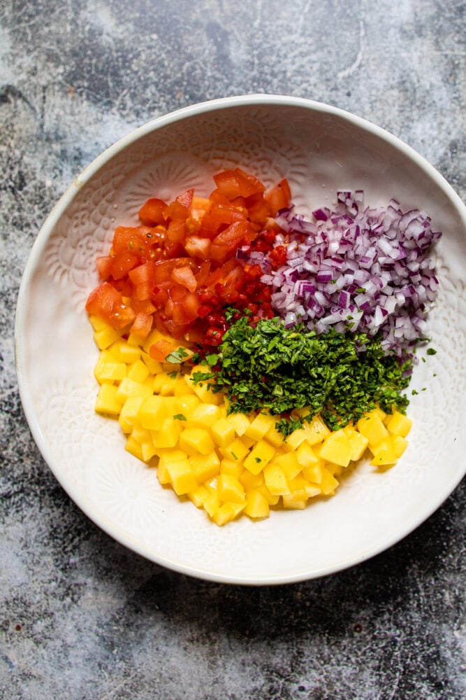 Mango Salsa ingredients in white bowl