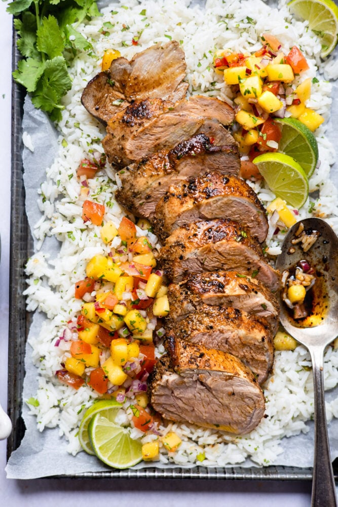 Smoky Pork Tenderloin with rice and mango salsa