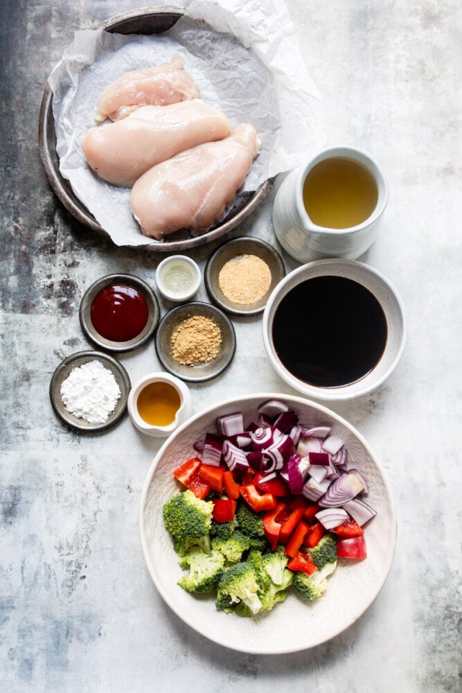 Ingredients needed for teriyaki chicken and veggies