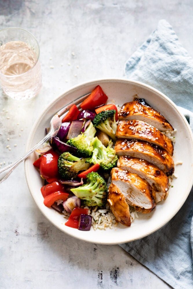 white plate with teriyaki chicken