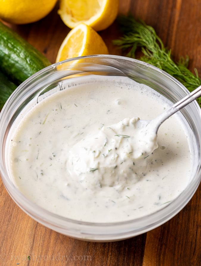 Tzatziki Sauce in bowl with spoon