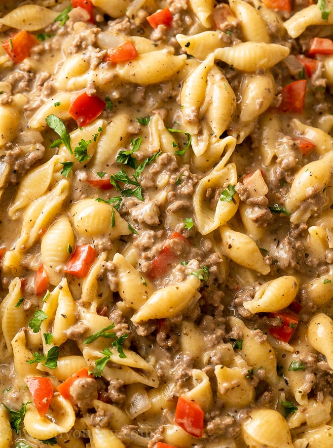 pasta shells with ground beef in a creamy sauce
