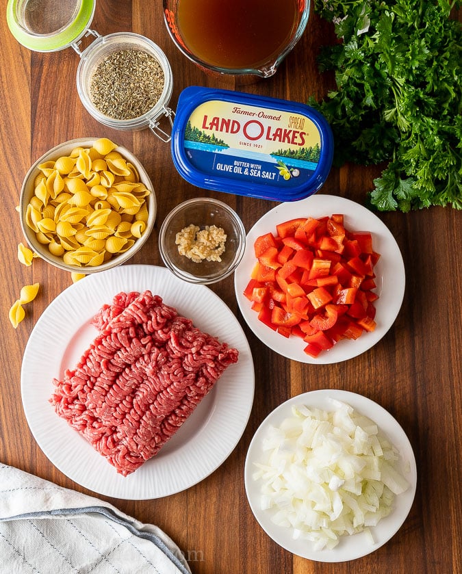 ingredients needed to make creamy beef and shells recipe