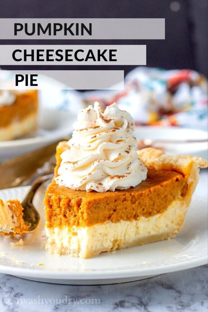 slice of pumpkin cheesecake pie on white plate with bite on fork. 