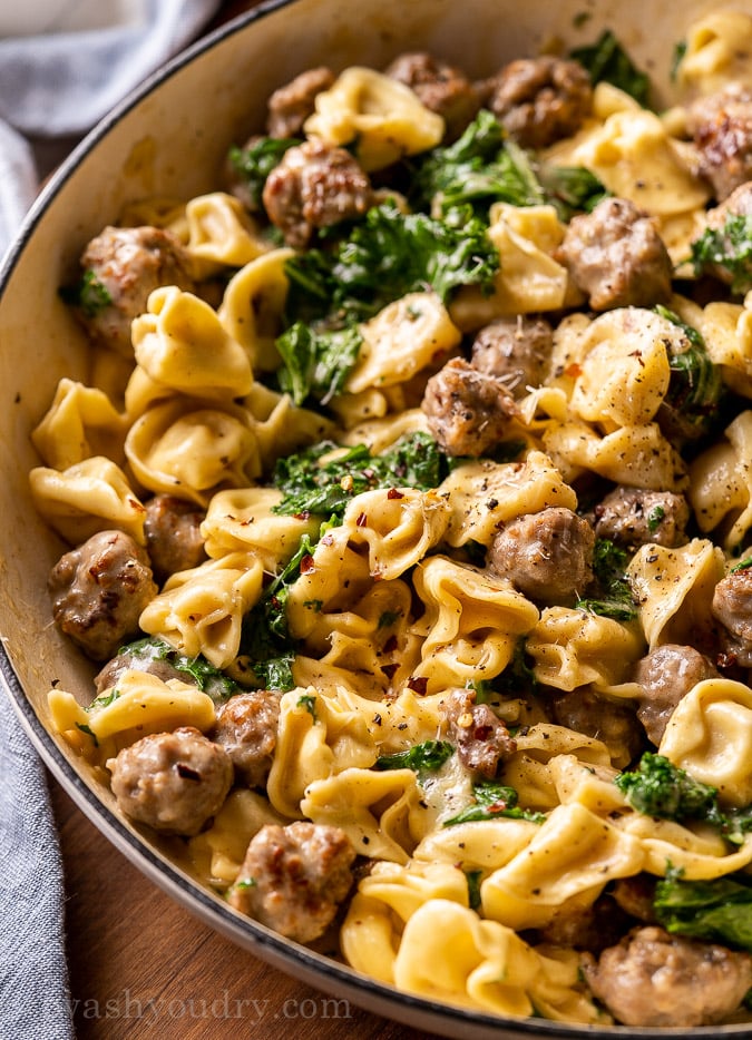 creamy tortellini and sausage with kale