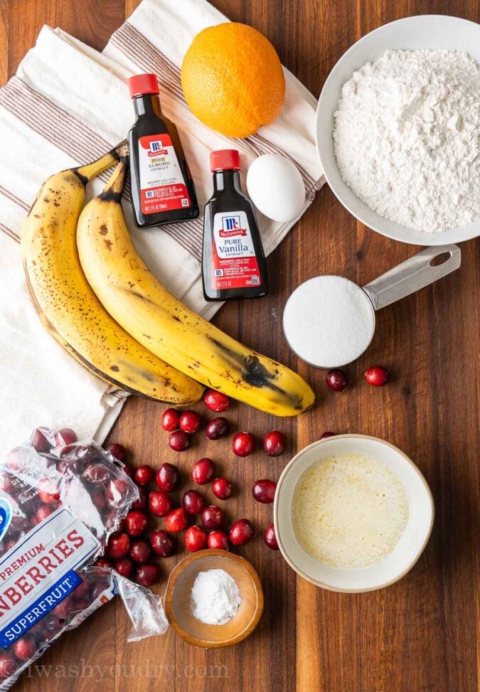 ingredients for cranberry banana bread on table