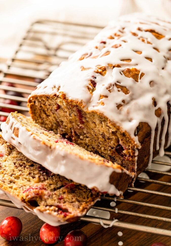 banana bread with fresh cranberries and icing
