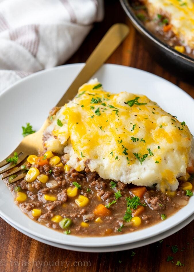 plate of cottage pie topped with mashed potatoes