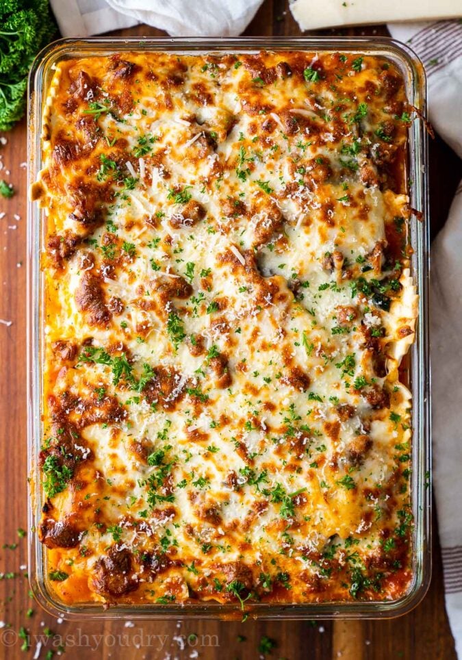 Ravioli Lasagna Casserole topped with cheese