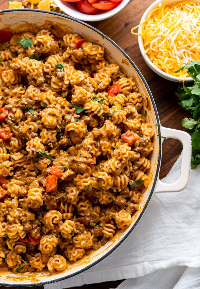Ground beef and pasta with creamy sauce in skillet