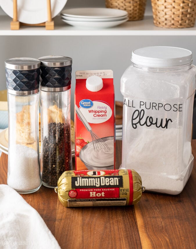 ingredients for sausage gravy on counter