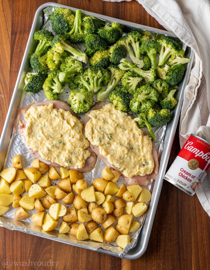 potatoes, chicken and broccoli in pan with cream of chicken