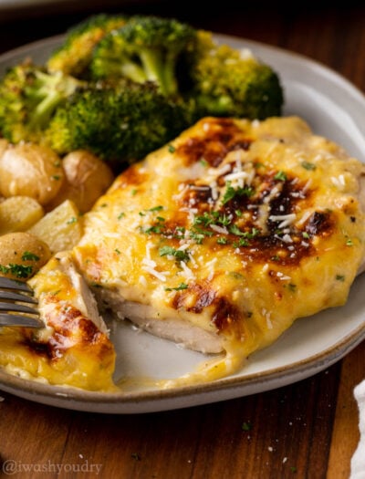 Plate of chicken with potatoes and broccoli