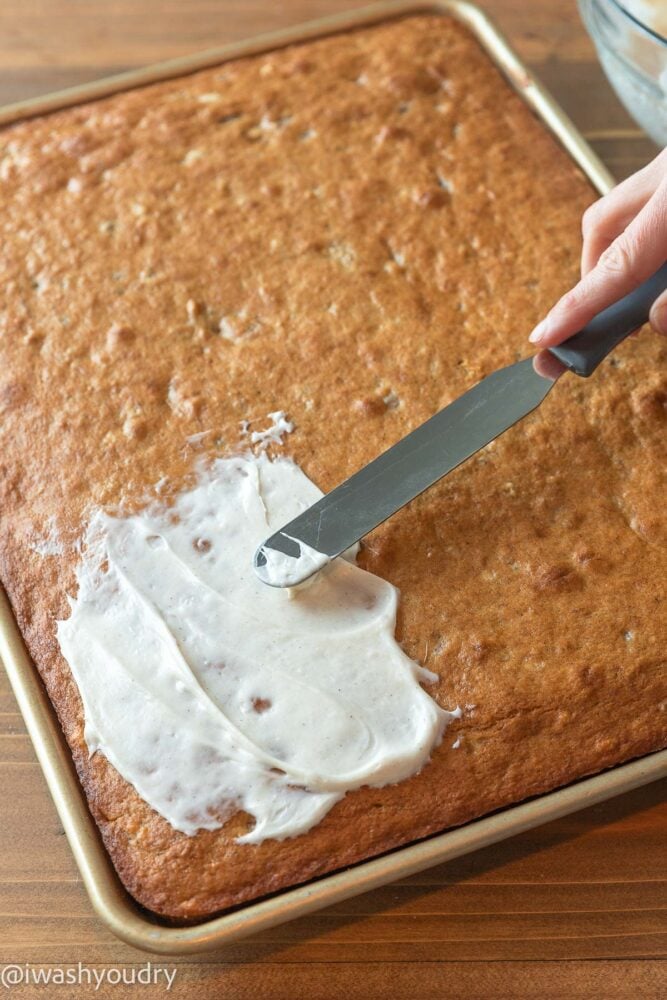 banana cake with a little frosting spread on.